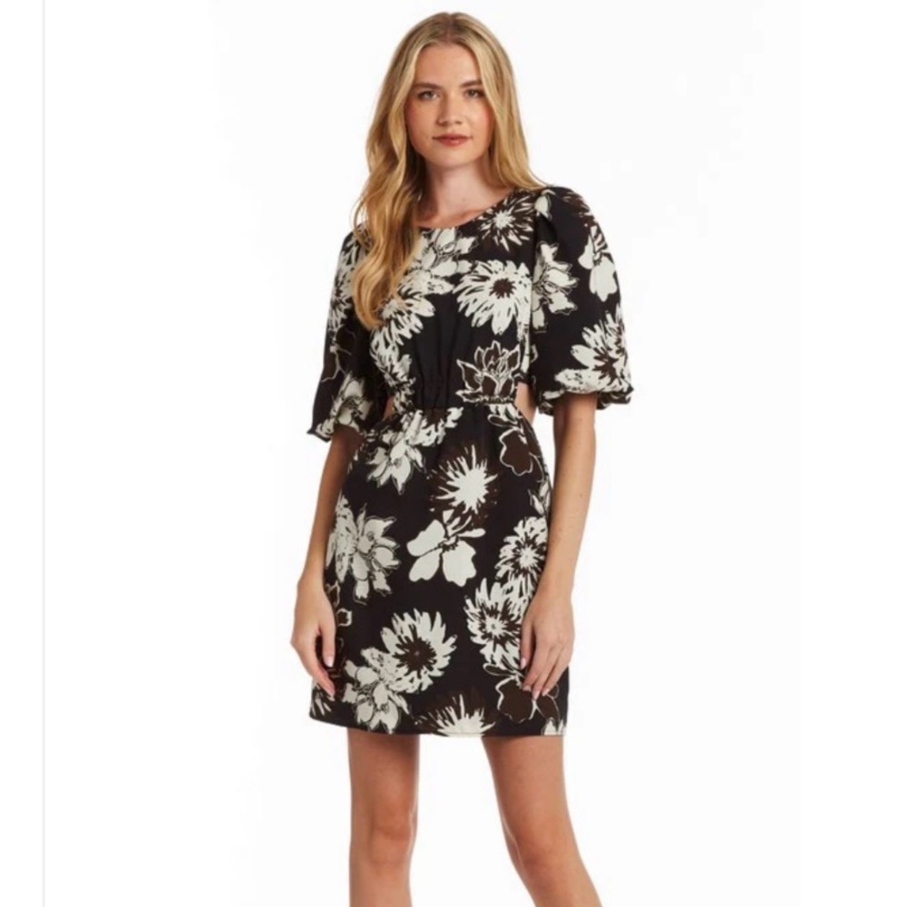DREW Womens Black Mini Dress with Cream Floral Print Size M